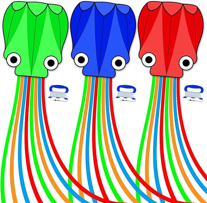 3 Piece Set Octopus Kites for Kids and Adults，Easy to Fly for Outdoor Adults Children Line Kite for Kids Toy (Octopus red Blue Green 3-piece Set, 3)