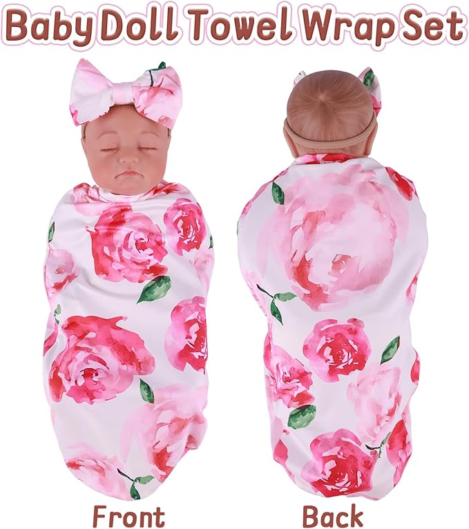BABESIDE Reborn Baby Doll Blanket with Headband for 17-24 Inch Babydolls, Reborn Baby Doll Accessories Swaddle Blanket Set for Realistic Babydolls Girl, Pink Floral Pattern