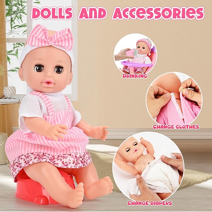Baby Doll Stroller Toy Set with 12.5'' Doll and Accessories- 2 Doll Clothes, Diaper, Dining Chair, Pacifier, Storage Bag, Baby Doll Stroller Toys for Girls Toddlers 3-5 4-6 5-7 Gifts for Pretend Play