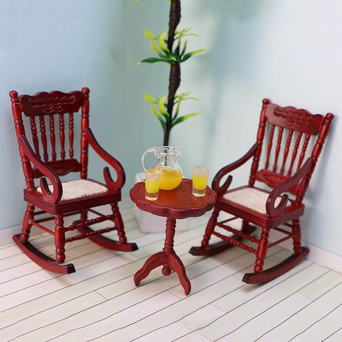 Dollhouse Miniature Rocking Chair 1:12 Scale Wooden Furniture Accessories Tiny Mini House Home Outdoor Decoration Model Living Room Scene Christmas Craft Displays (Red)