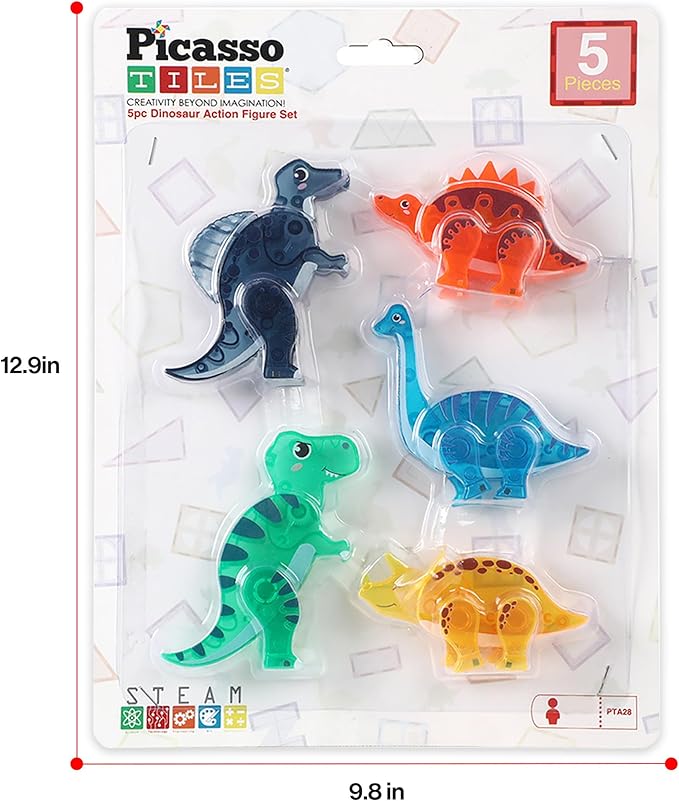 PicassoTiles Dinosaur Magnetic Tiles Accessory Set Mix and Match Dino Figure Parts for STEM Magnet Tile Construction Building Blocks Sets Creative Pretend Play Educational Toy for Kids Ages 3+ PTA28