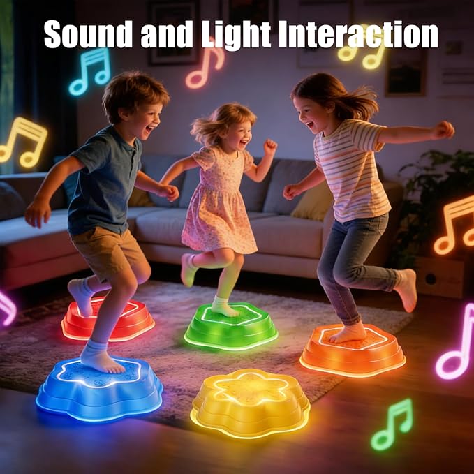 Stepping Stones for Kids with Music Colorful Light-Up, 5 PCS Non-Slip Sensory Stepping Stones Indoor Outdoor Toys Enhance Balance for Kids Toddlers