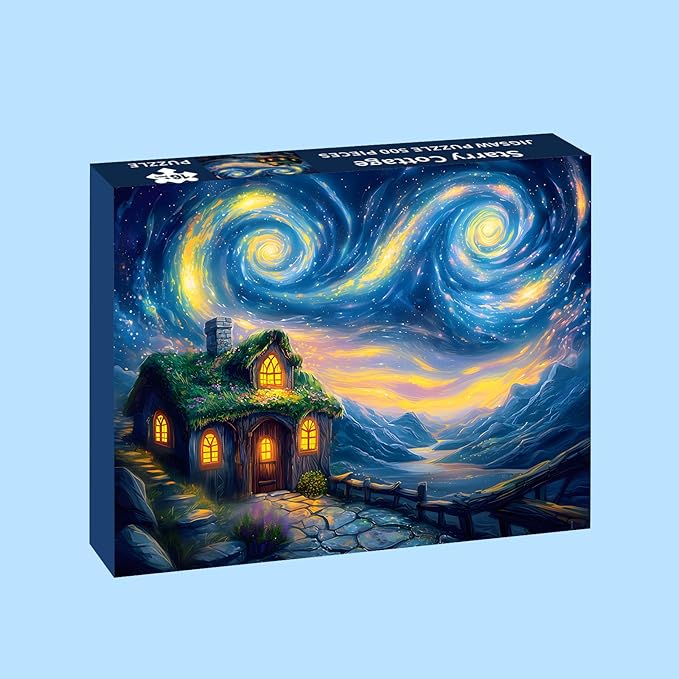Puzzles for Adults 500 Pieces, Starry Night Jigsaw Puzzles 500 Pieces - Starry Cottage, Cottage Landscape Puzzles, Finished Size 20.47 * 14.96”, with 1:1 Poster, Letter on The Back