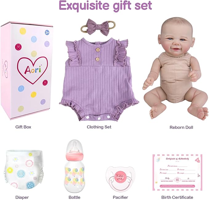 Aori Realistic Reborn Baby Dolls - Weighted Lifelike Newborn Baby Girl that Look Real with Flexible Limbs, Real Life Baby Doll Set with Outfit for Kids 3+, Parents, Elderly and Collectors