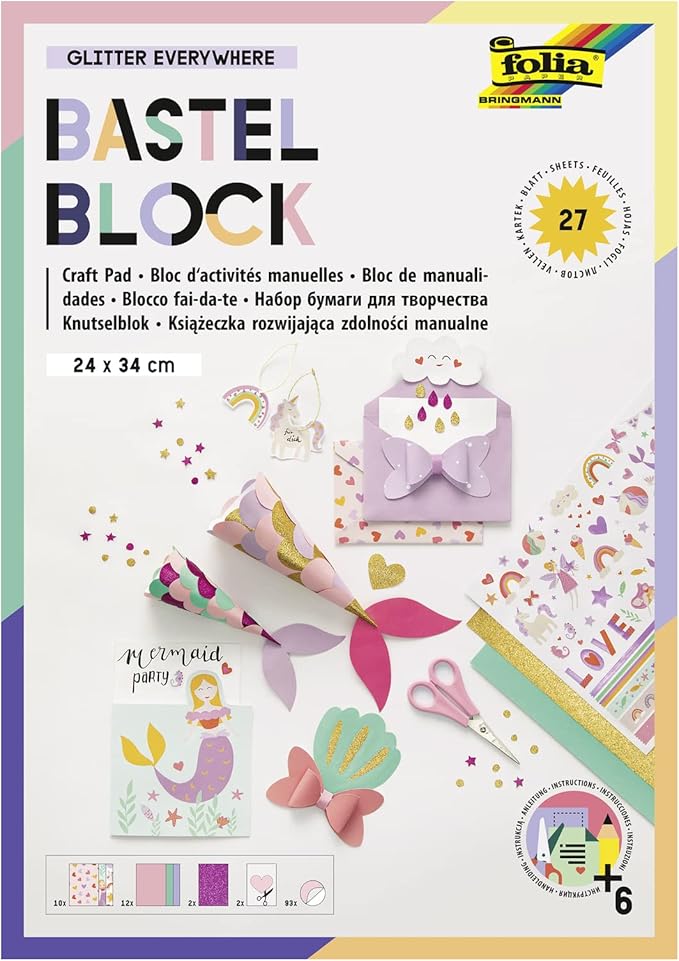 folia 49102 Craft Pad Glitter Everywhere with 27 Sheets of Craft Paper in The Format 24 x 34 cm, with Printed Photo Cardboard, Coloured Paper, Glitter Paper, Pre-Drawn Shapes and Stickers
