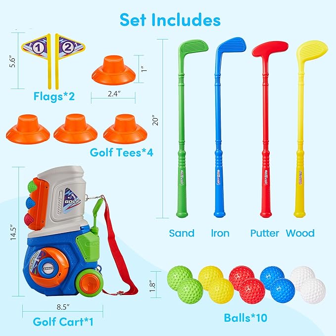 PJG Toddler Golf Set, Plastic Kids Golf Clubs Ages 1 2 3 4 5 Years Old with 4 Golf Clubs and 10 Balls, Indoor and Outdoor Golf Toys with Cart for Toddlers Boys and Girls Birthday Gift (Blue)