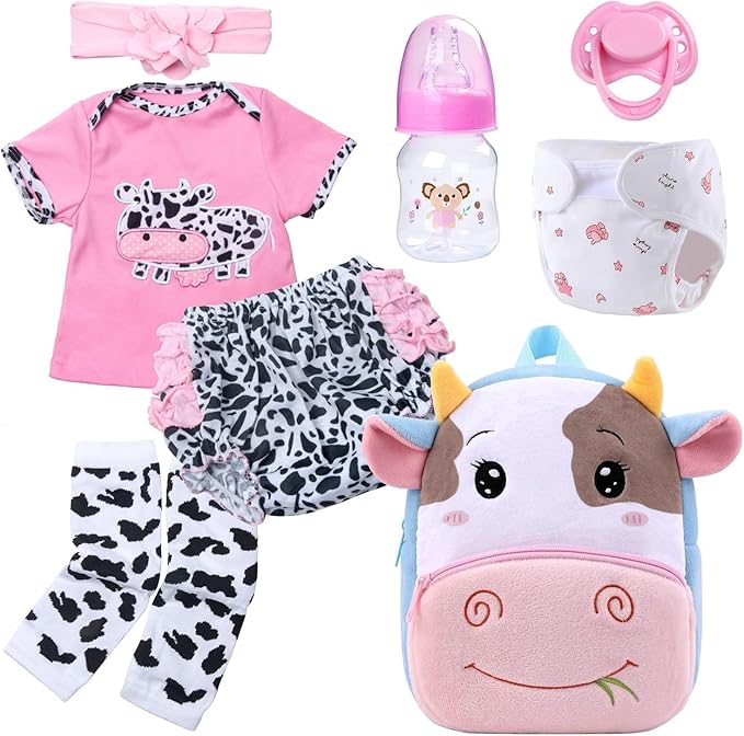 8 Pieces Reborn Baby Doll Clothes Pink Accessories Set with Backpack for 17-22 inch Reborn Doll Clothes Girl Kids Gift Set