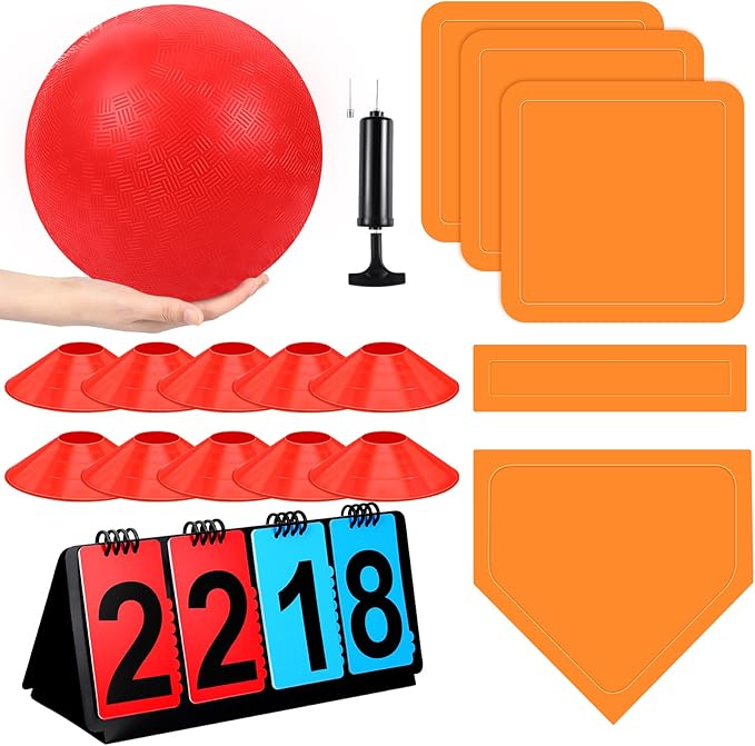 Jenaai 18 Pcs Sports Kickball Set Includes Playground Ball 5 Rubber Throw Down Bases Ball Pump Scoreboard Net Bag 10 Foul Line Cones for Adults Playground Backyard Game (10 Inch,Red)