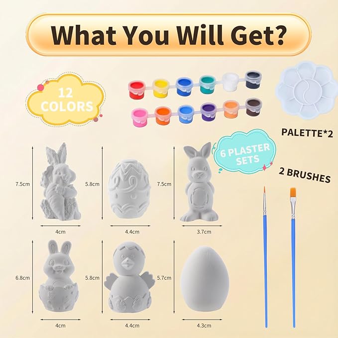 GloomGlo Easter Plaster Painting Kit, 6-Piece Paint Your Own Easter Crafts, DIY Arts & Crafts for Kids & Adults (6pcs)