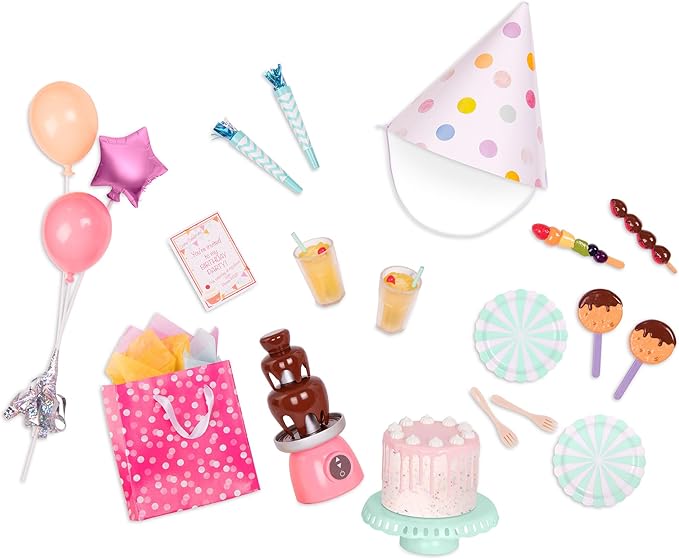 Our Generation - Sweet Celebration Birthday Set - 18-Inch Doll Party Accessories - Birthday Cake & Balloons - Pretend Food & Supplies - Imaginative Play - Toy for Kids 3 Years +