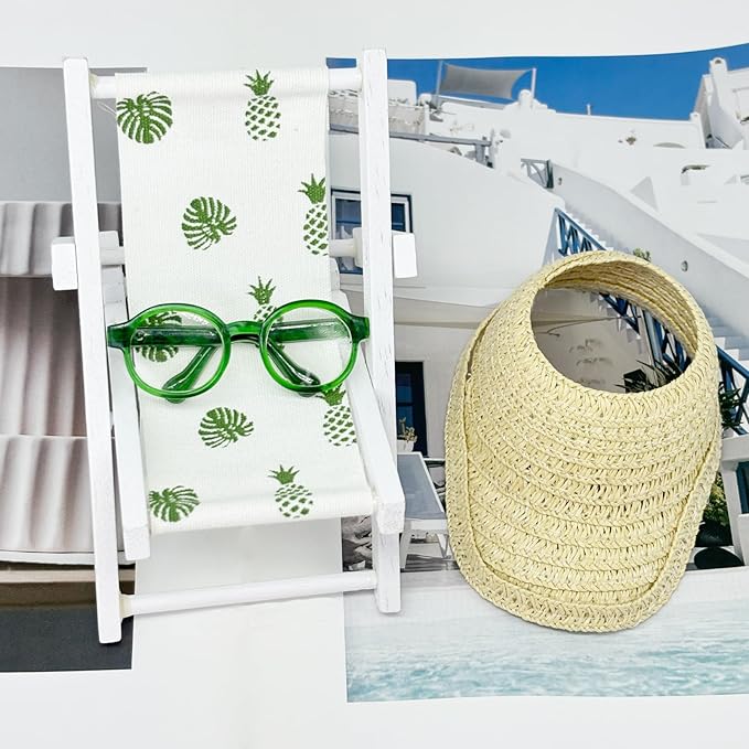 Doll Accessories Compatible with Labubu, 15cm/17cm Dollhouse Furniture,Mini Wooden Folding Beach Sunbath Chair with Sunglasses & Straw Hat,No Doll
