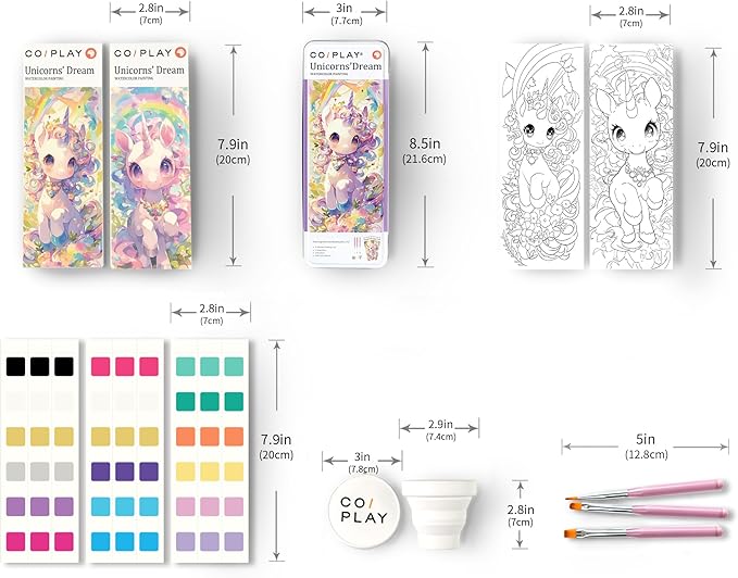 COIPLAY Unicorn 648 Color Blocks Watercolor Paint Set, 52-Bookmarks, 3 Brushes, Silicone Cup, for All Ages, Travel-Friendly,No Mess, All in One Art Supplies, Birthday Gift, Christmas Gift, Craft kit