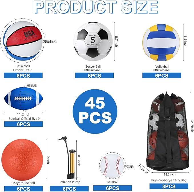 Liliful 36 Pcs Bulk Assorted Sports Balls Equipment Set with Pump & Carry Bag – Soccer, Basketball, Volleyball, Football & Playground Ball for School PE, Outdoor Game & Team Training