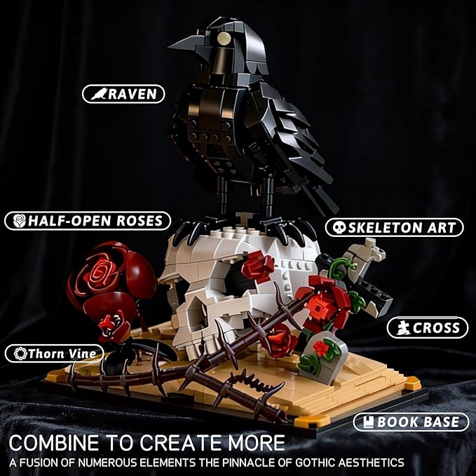 Gothic Raven & Skull Art Building Set, Skull Decor Features Ravens, Skulls, Roses, Crosses, and Books - Eye-Catching Table Centerpiece, Holiday or Birthday Gift for Adults & Kids Ages 8+ (758 PCS)