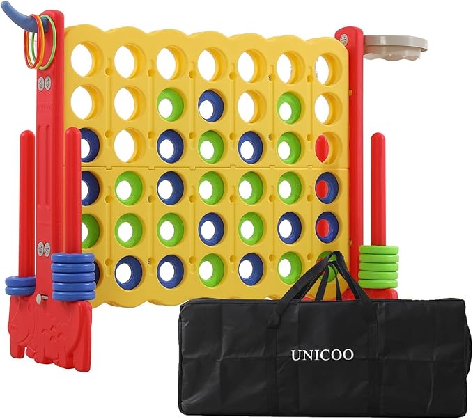 UNICOO Giant 4-in-a-Row Game with Carry Bag, 3-in-1 Jumbo 4-to-Score Outdoor Yard Game with Basketball Hoop, Ring Toss, Quick-Release Slider, 42 Rings, Family Party Game for Kids & Adults