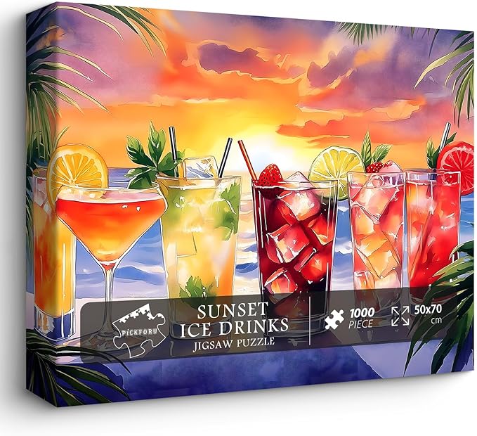 Summer Beach Puzzles for Adults 1000 Pieces, PICKFORU Colorful Seaside Holiday Jigsaw Puzzles Sunset Scene, Impossible Challenging Rainbow Drinks Theme as Home Decor