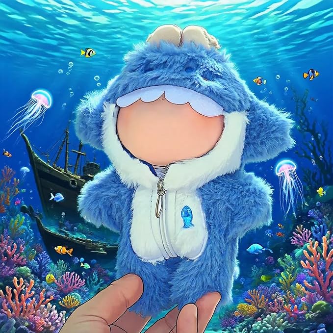 (2 Pack) Clothes for LABUBU 17cm Doll (NO Dolls), Outfits for LABUBU, Faking Animal Style Outfit Jumpsuit Blue Shark & Pink Shark Costume for LABUBU Dolls, (Doll Not Included)
