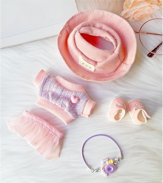 Clothes for Lu bubu 17cm Dolls(No Doll) Accessories, Stylish Kawaii Pink Outfit Set 5 Pieces Suitable for 17cm Dolls , Doll Hat Shoes Clothing Set Replacement