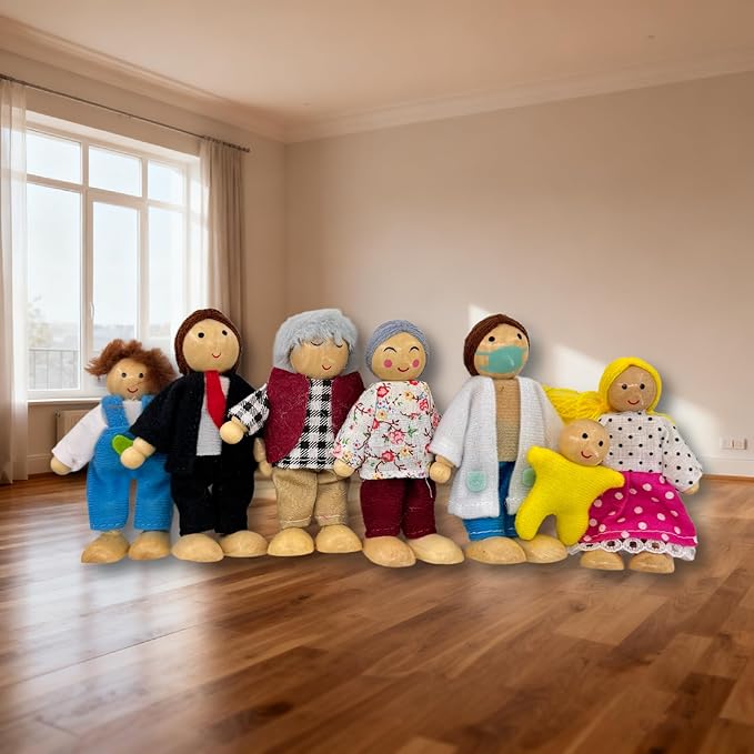 HYSTYLE 12 Pieces Wooden Dollhouse Family Set with Dog Cat Mini People Figures Dollhouse Dolls Wooden Doll Family Pretend Play Figures Accessories for Pretend Dollhouse (Style 4)