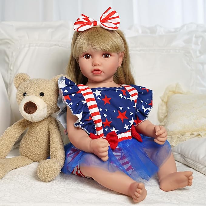 BABESIDE 2 Pcs Reborn Baby Doll Clothes for 17-22 Inch Babydolls, Reborn Doll Dress Accessories with Headband for Realistic Baby Dolls Girls, Stars and Stripes