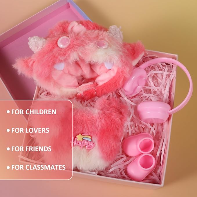 17cm Doll Clothes Set for Labubu Dress Up,Cute Outfit ,4 Piece Hat Overalls Headphones Shoes Dolls Clothing Accessories(NO Doll) (Red)