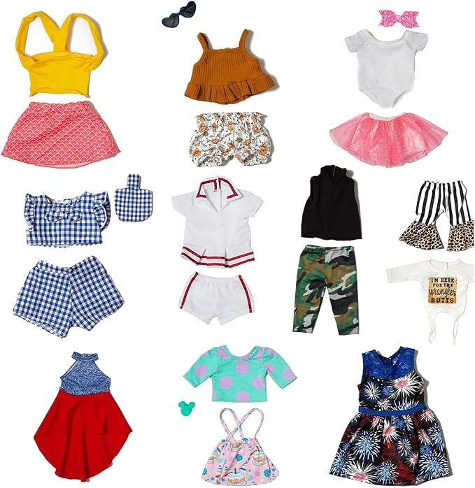 XFEYUE 22 Pcs American 18 inch Doll Clothes Gifts and Accessories, Fit 18 inch Doll - Including 10 Sets of Various Styles Doll Clothes, Hair Clips and Sunglasses Handbags