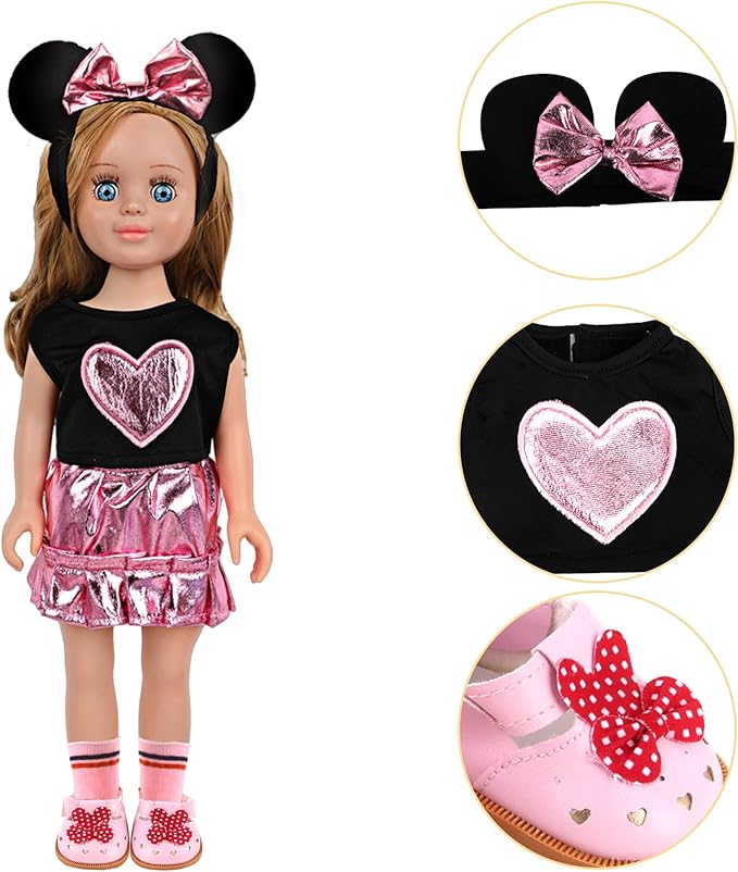 MSYO 18 Inch Doll Clothes & Accessories Set,Black Pink Heart Top & Metallic Pink Skirt Outfit with Mouse Ears Headband,Sunglasses,Socks,Shoes,Bracelet,Fits 16-18 Inch Baby Dolls(Pink)