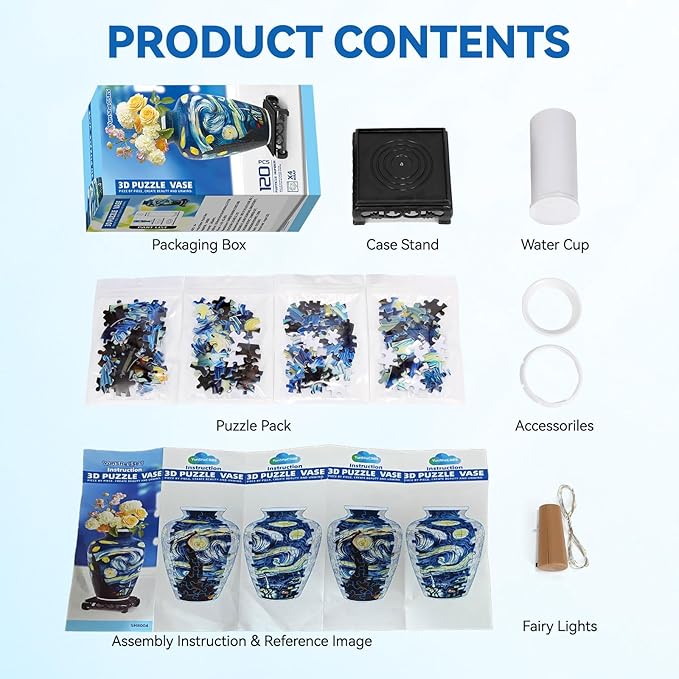 3D Puzzles Vase for Adults, Crafts for Adults, 120 Pieces Plastic DIY Unique Flower Vase with LED Light House Warming Gift Birthday Gifts for Flower Arrangements and Home Decor