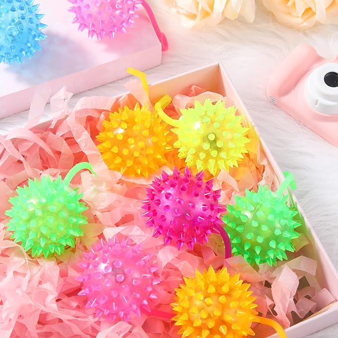 Sotiff 27 Pcs Light up Ball Spiky LED Bouncy Ball Flashing Squeaky Multicolor Puffer Toy Rubber Sensory Toy Carnival Prizes Bulk Party Favors for Teens, Adults, Children