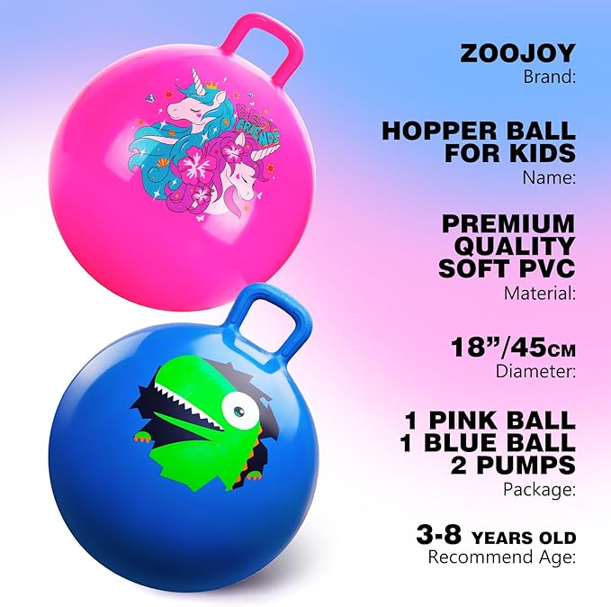 ZOOJOY Hopper Ball 2 Pack, 18 in Bouncy Ball with Handle for Kids, Unicorn & Dinosaur Girls Boys Toys Indoor Outdoor, Best Easter Basket Stuffers Gifts for 3 4 5 6 7 8 Yr Old Active Play Toys