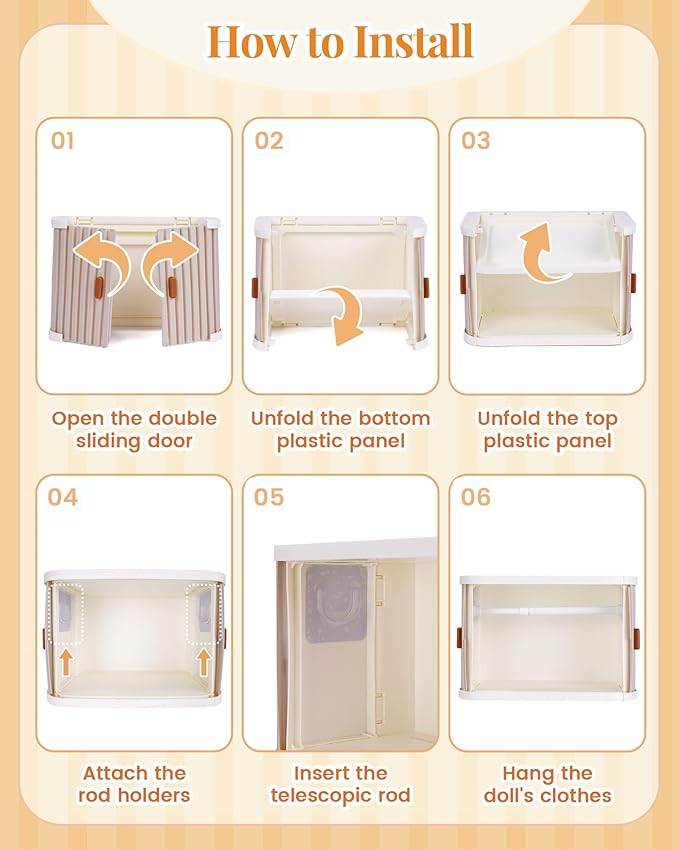 BABESIDE Portable Doll Wardrobe Storage Box for 15/17cm Baby Doll Clothes with Hangers, Telescopic Rod, Doll Glasses, Shoes, Headphones, Hat & More – Space-Saving and Dust-Proof Design