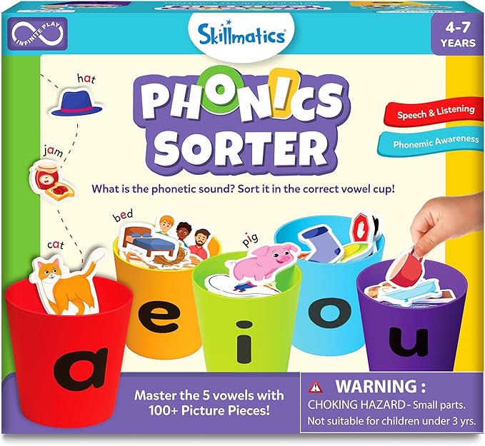 Skillmatics Learning Toys – Phonics Sorter, Vowel Sorting & Early Reading Activity for Kids, Educational Preschool & Kindergarten Toy, Builds Phonemic Awareness, Gifts for Boys & Girls Ages 4, 5, 6, 7