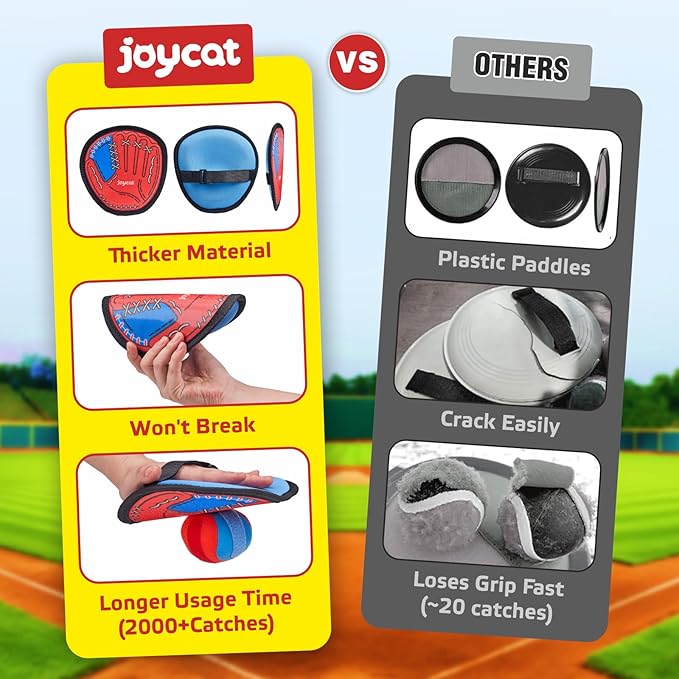JoyCat Toss and Catch Ball Game with 2 Gloves for Kids & 2 Paddles for Adult or Kids, Outdoor Toys for Family Camping, Beach & Yard Games, Toddler Baseball Glove, Gifts for 3-12 Year Old