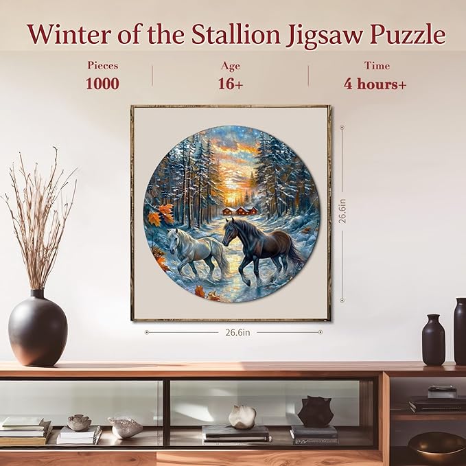 1000 Piece Puzzle for Adult, Winter of The Horse Jigsaw Puzzle 1000 Pieces, Impossible Challenging Fun Puzzle for Adult, Round 26.6 x 26.6 Inch Unique Difficulty Puzzle for Birthday Gift
