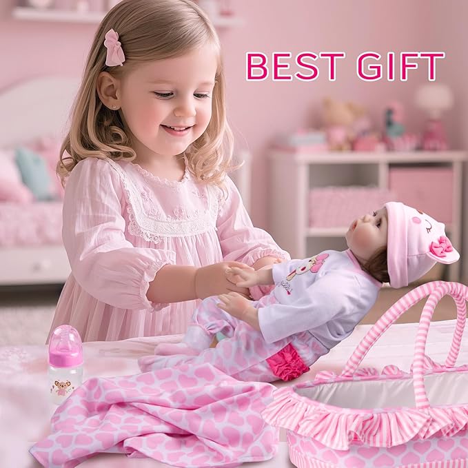 PEDOLLTREE Reborn Baby Dolls Clothes Girl Outfit Accessories Pink Little Bear 12 Pcs for 17-22 Inch Reborn Doll Newborn with Pink Heart Bassinet