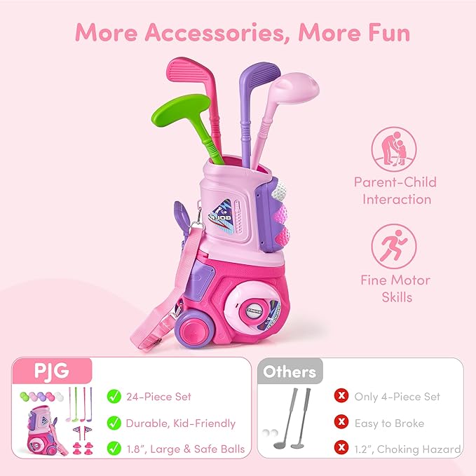 PJG Toddler Golf Set, Plastic Kids Golf Clubs Ages 1 2 3 4 5 Years Old with 4 Golf Clubs and 10 Balls, Indoor and Outdoor Golf Toys with Cart for Toddlers Boys and Girls Birthday Gift (Pink)