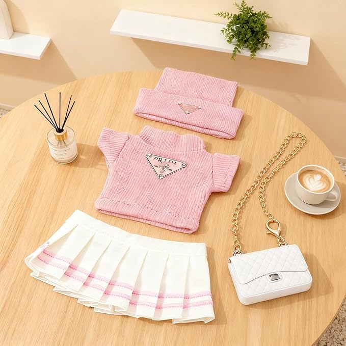 Doll Clothing Set (No Doll), Cute Cropped Straw Hat, Crossbody Bag, Dress, Suitable for 15-17cm Dolls, Outfit Accessory Set for Unique Styling (Pink-Pra)
