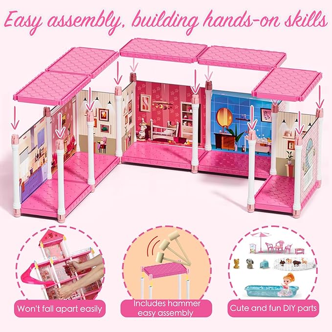 Villa Toys for Girls, 4 Stories 12 Rooms Villa Playhouse with Lights, Doll, Furniture, Bathtub, and Accessories, DIY Pretend Toddlers House kit for 3 4 5 6 7 8 9 10 Year Old Kids