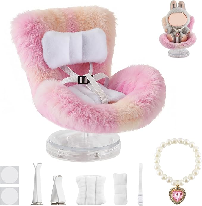 Cute Doll Car Seat for Labubu, Premium Car Seat Accessories for 4-7in Dolls, 360° Rotation, Including Air Vent Clip, Desktop Stand, Adjustable Strap, Airflow-Friendly Design(Colorful Pink)