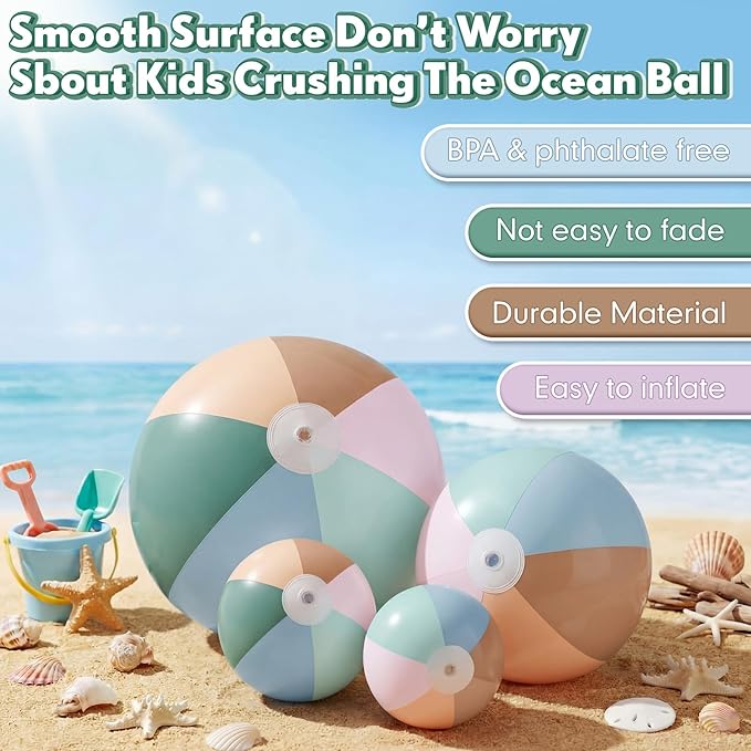 4 Pack Beach Balls in 4 Sizes (24" 16" 12" 8"), Inflatable Pastel Pool Balls for Kids Adults, Summer Beach Party Hawaiian Luau Birthday Party Supplies, Water Toys Gifts(Morandi)