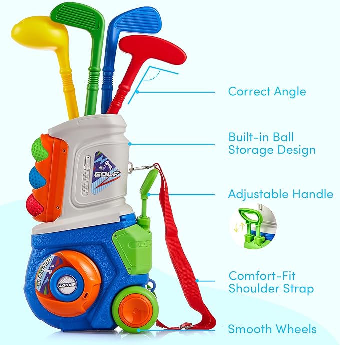 PJG Toddler Golf Set, Plastic Kids Golf Clubs Ages 1 2 3 4 5 Years Old with 4 Golf Clubs and 10 Balls, Indoor and Outdoor Golf Toys with Cart for Toddlers Boys and Girls Birthday Gift (Blue)