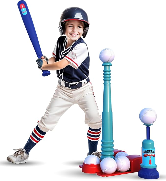 T Ball Stand for Kids and Toddlers 1-3, 3-5, 5-8. Baseball Set Includes 6 Large Balls, an Adjustable Tball Batting Tee, and a Pitching Machine. Kids Bat and Ball, T-Ball Sets for Kids