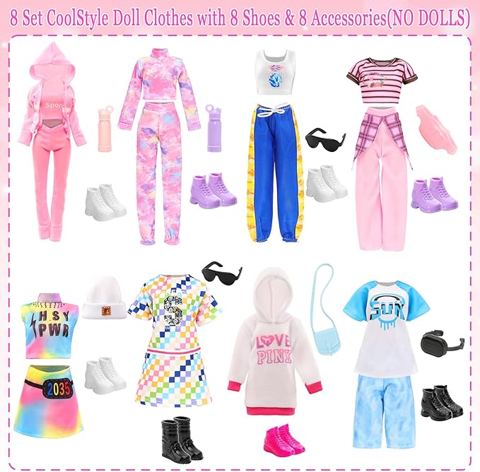 24 PCS Doll Clothes & Accessories 8 Set Clothing Includes Sport Outfit, Hooded Dress, Sportsuits, Skirt, with 8 Pairs of Shoes, 8 Accessories for 11.5 Inch Girl Dolls Cool Style Set