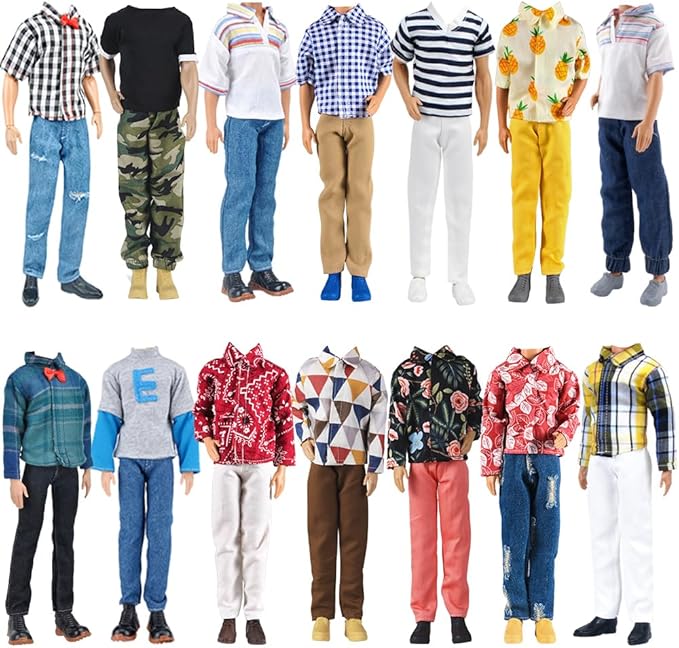 E-TING 15pcs Fashion Clothes Pack = 5pcs Casual Outfit + 5pcs Pants +5 Pairs Shoes for 12inches Boy Doll Random Style (Green Bomber Jacket + Daily Suit + Swimwear)