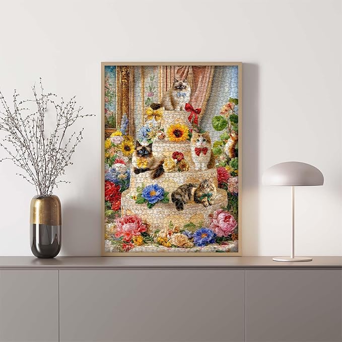 PICKFORU Cat Puzzles for Adults 1000 Pieces, Flower Kitty Jigsaw Puzzle Food Cake, Cute Animal Kitten Floral Challenge Puzzle
