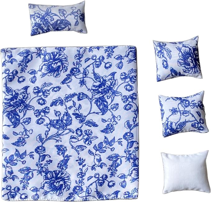 1:12 Scale Dollhouse Bedding Set for 6-Inch Dolls, 5-Piece Comforter, Pillows & Blanket, Realistic Mini Bedroom Accessories, Blue Floral & White Design
