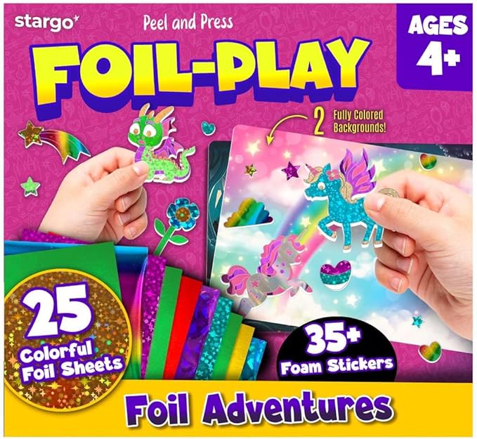 stargo 2 Pack – Foil Art Kit for Kids, Fun Craft Set with Stickers & Foil Sheets – Creative Arts & Crafts Activities for Gifts, Birthday Party, Girls, Boys Ages 4-8, 4-6, 5 6 7 8