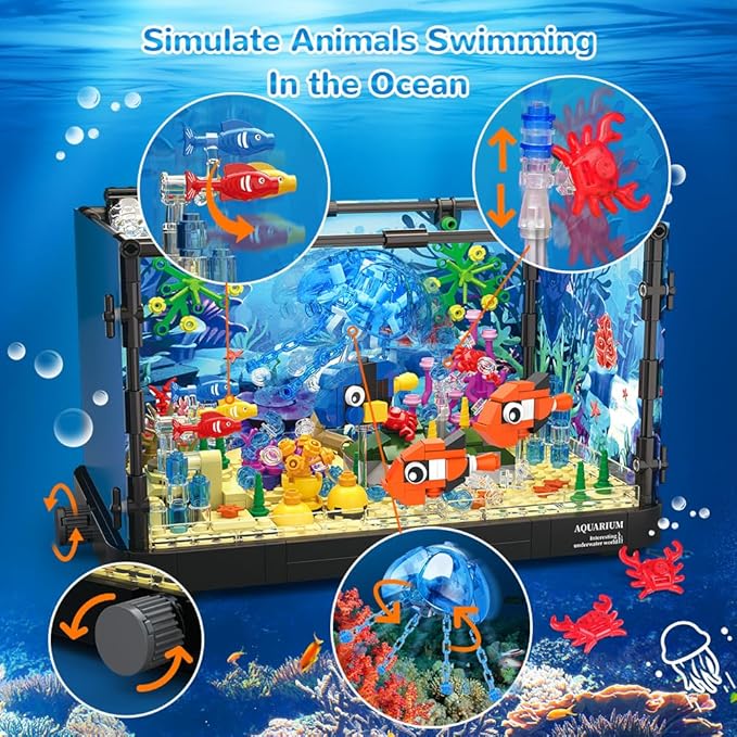 HOGOKIDS Fish Tank Building Set with LED Light - Movable Aquarium Building Toys for Adults Kids | 725PCS Creative Aquarium Toy with Jellyfish, Fish Animal Educational Gift for Boys Girls Age 8-14