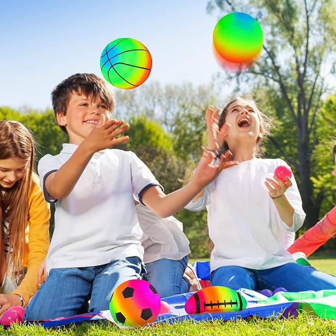 Hxezoc 4 Pack Sports Balls Set 6 Inch Inflatable Vinyl Balls with Added Hand Air Pump, Neon Basketball, Soccer, Volleyball and Football for Kids and Toddlers Playground Indoor and Outdoor Use