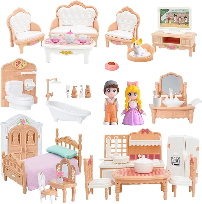 Princess Dollhouse Furniture Set, 48 Piece Luxury Miniature Accessories Collection with Living Room, Bathroom, Bedroom，Kitchen, TV Entertainment Set (Beige)